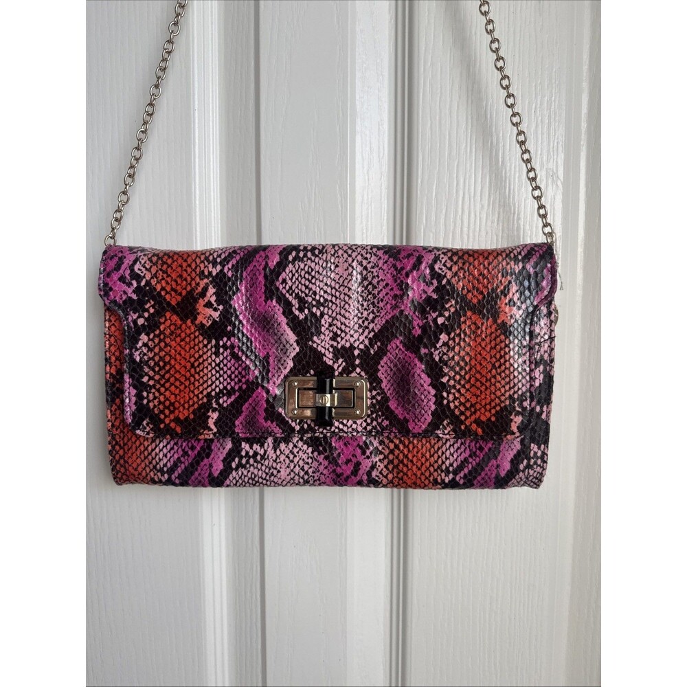 Big Buddha Vegan Clutch Bag Faux Snake Skin Colorful, Gold Chain Strap Cocktail